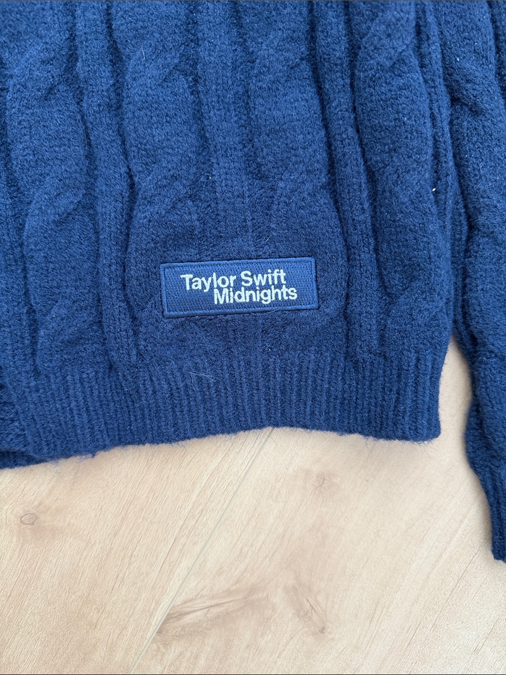 Taylor Swift Navy Cable Knit Midnights Patch Sweater xs/small - Picture 2 of 6